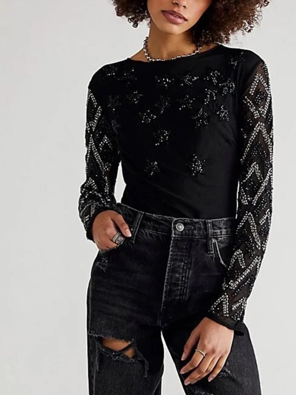 Free People Stargazer Black Sequin Beaded Mesh Bodysuit NWT